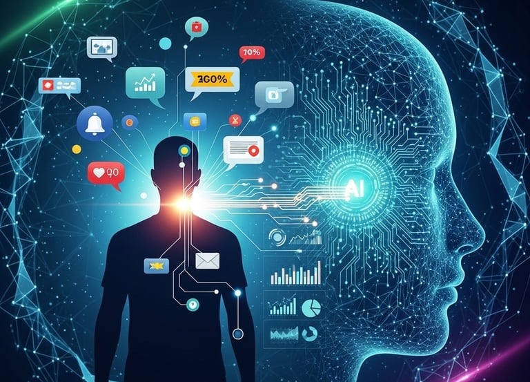 Ilustração de uma pessoa conectada a uma inteligência artificial com ícones de marketing digital